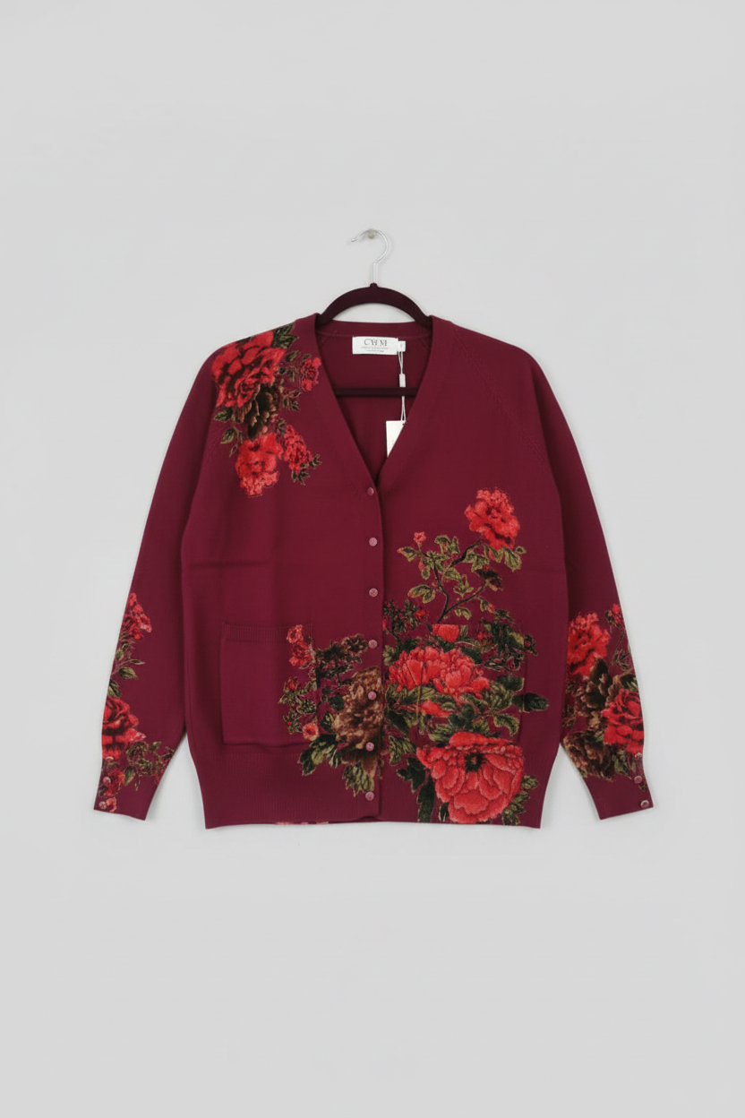 Red floral cardigan sweater